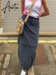 Aiertu Gray Casual Baggy Loose Size Cargo Skirts Womens Big Pockets Streetwear Drawstring Hem Low Waist Hippie Long Skirt Y2K Aiertu