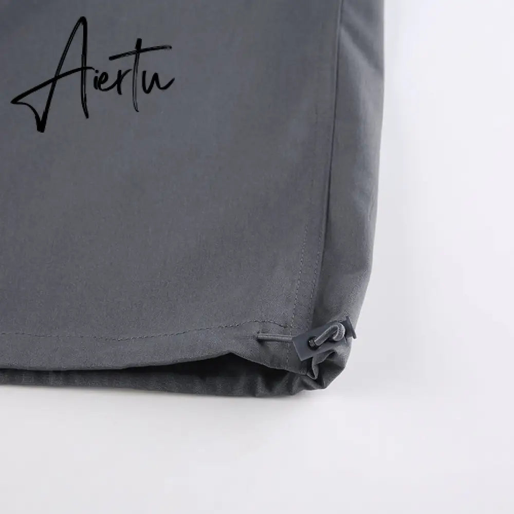 Aiertu Gray Casual Baggy Loose Size Cargo Skirts Womens Big Pockets Streetwear Drawstring Hem Low Waist Hippie Long Skirt Y2K Aiertu