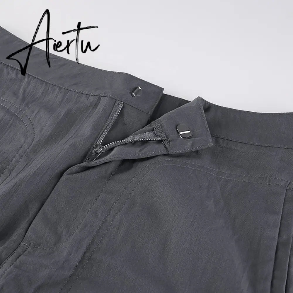 Aiertu Gray Casual Baggy Loose Size Cargo Skirts Womens Big Pockets Streetwear Drawstring Hem Low Waist Hippie Long Skirt Y2K Aiertu
