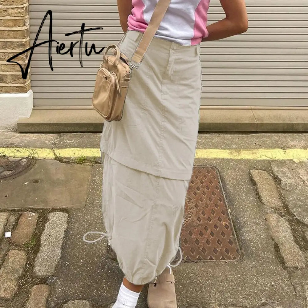 Aiertu Gray Casual Baggy Loose Size Cargo Skirts Womens Big Pockets Streetwear Drawstring Hem Low Waist Hippie Long Skirt Y2K Aiertu