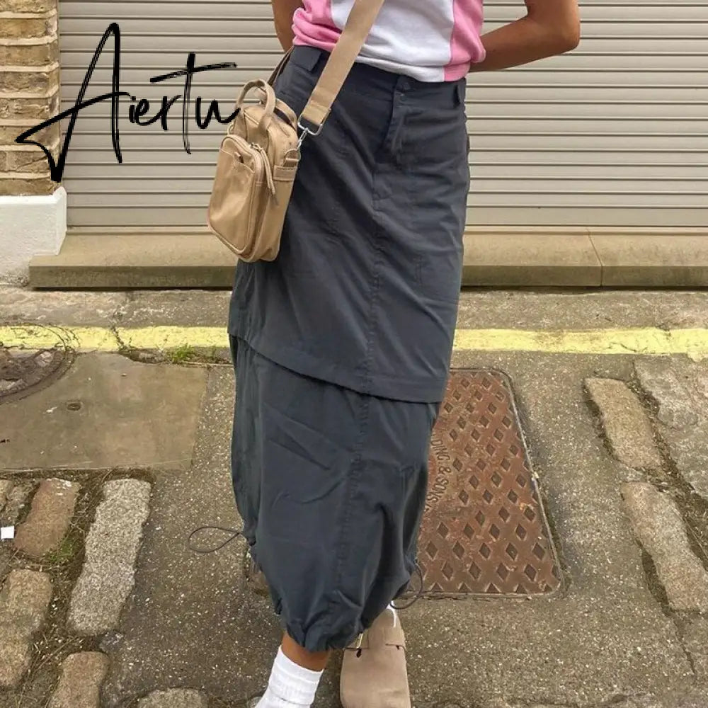 Aiertu Gray Casual Baggy Loose Size Cargo Skirts Womens Big Pockets Streetwear Drawstring Hem Low Waist Hippie Long Skirt Y2K Aiertu