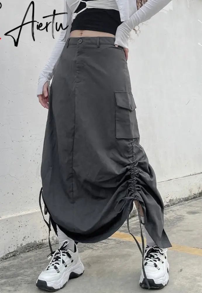 Aiertu Gray Solid Casual Midi Cargo Skirts Womens Pockets Stitching Streetwear Side Shirring Tie Up Jupe Vintage Preppy Skirt Aiertu