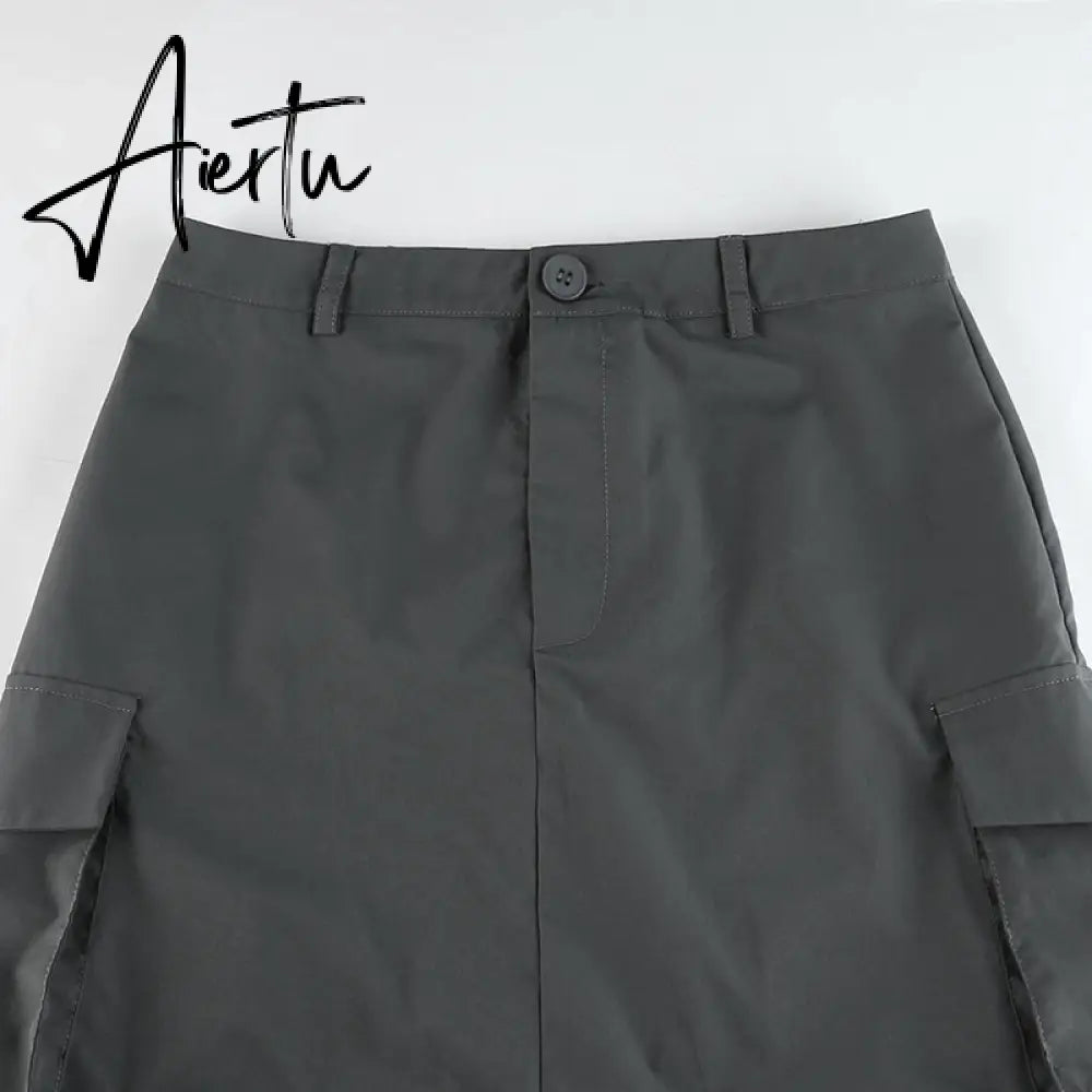 Aiertu Gray Solid Casual Midi Cargo Skirts Womens Pockets Stitching Streetwear Side Shirring Tie Up Jupe Vintage Preppy Skirt Aiertu