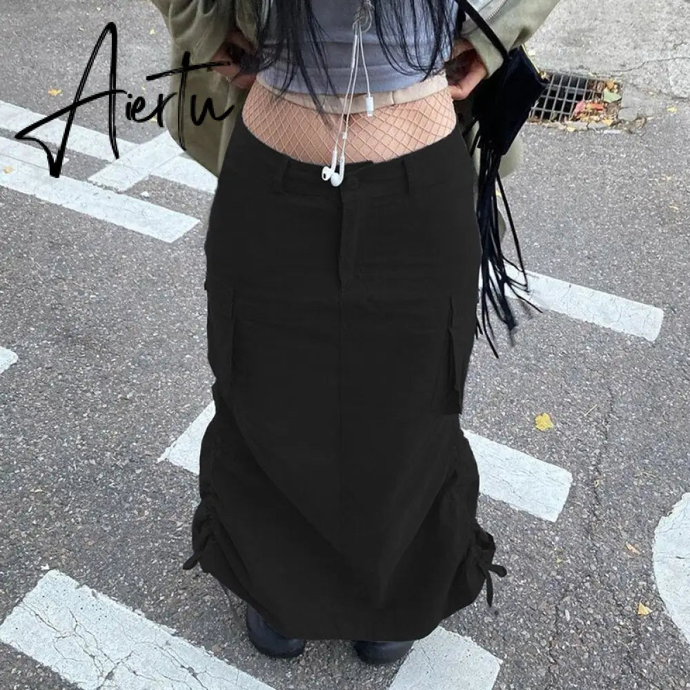 Aiertu Gray Solid Casual Midi Cargo Skirts Womens Pockets Stitching Streetwear Side Shirring Tie Up Jupe Vintage Preppy Skirt Aiertu