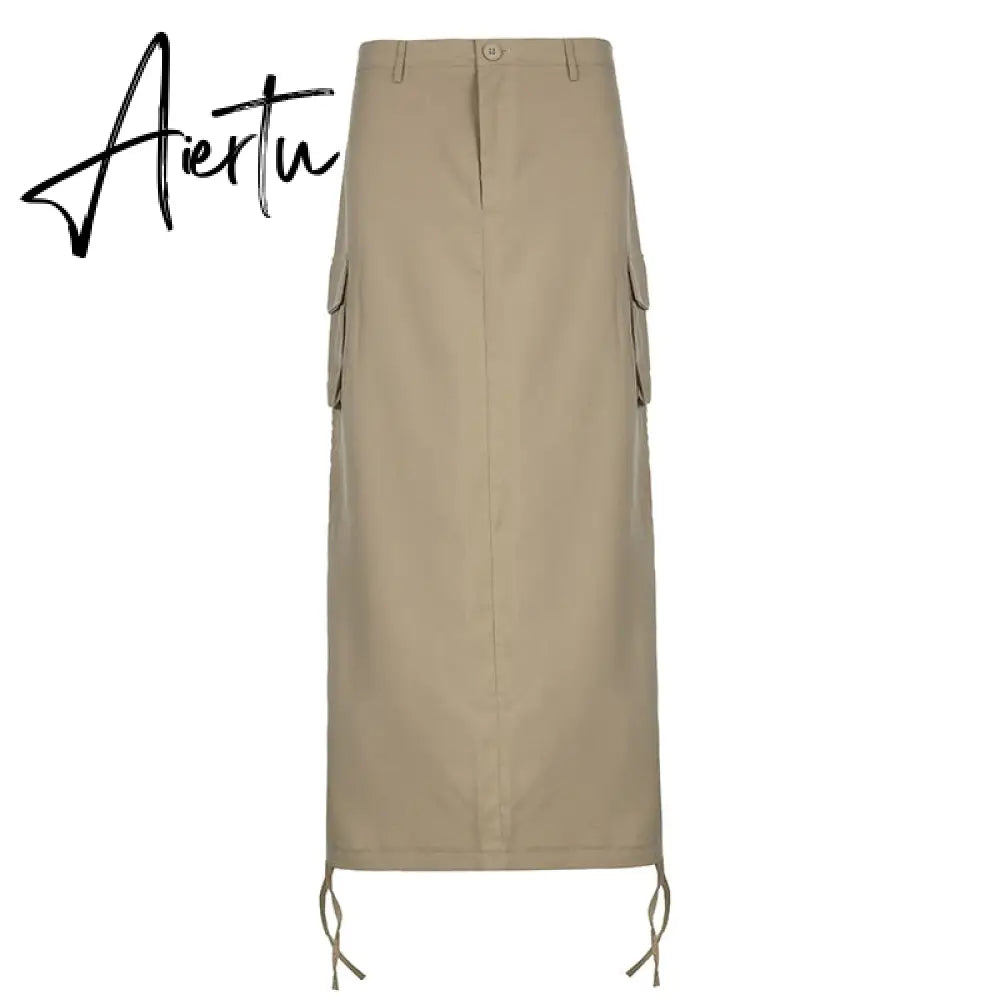 Aiertu Gray Solid Casual Midi Cargo Skirts Womens Pockets Stitching Streetwear Side Shirring Tie Up Jupe Vintage Preppy Skirt Aiertu