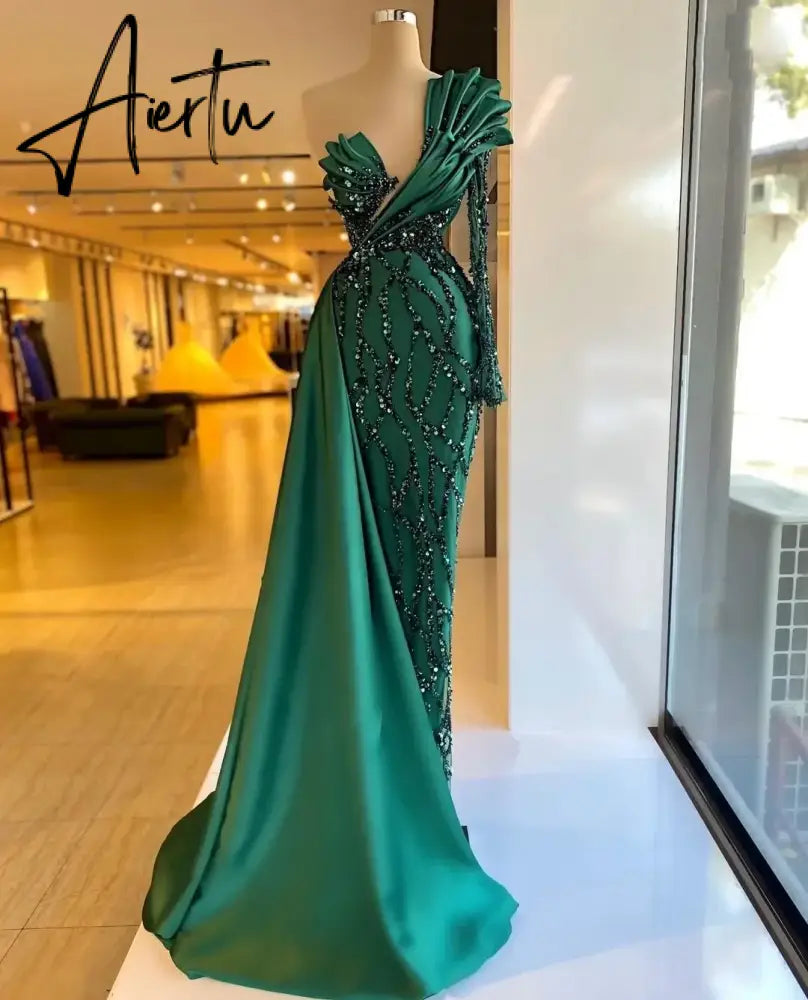 Aiertu Green Luxury Sequins Mermaid Evening Dresses For Women One Shoulder Sleeve Formal Party Dress Satin Frill Celebrity Custom 2024 Aiertu