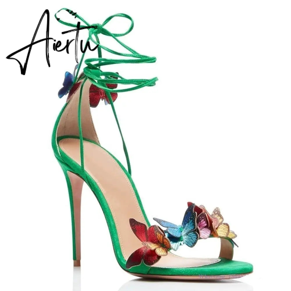 Aiertu Green Yellow Butterfly Sandals Back Lace Up Blue Red Thin High Heel Sandals New Summer Shoes For Women Stilettos Sandals Aiertu