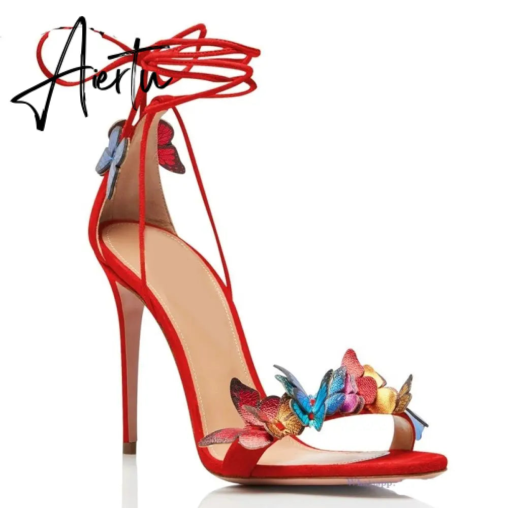 Aiertu Green Yellow Butterfly Sandals Back Lace Up Blue Red Thin High Heel Sandals New Summer Shoes For Women Stilettos Sandals Aiertu