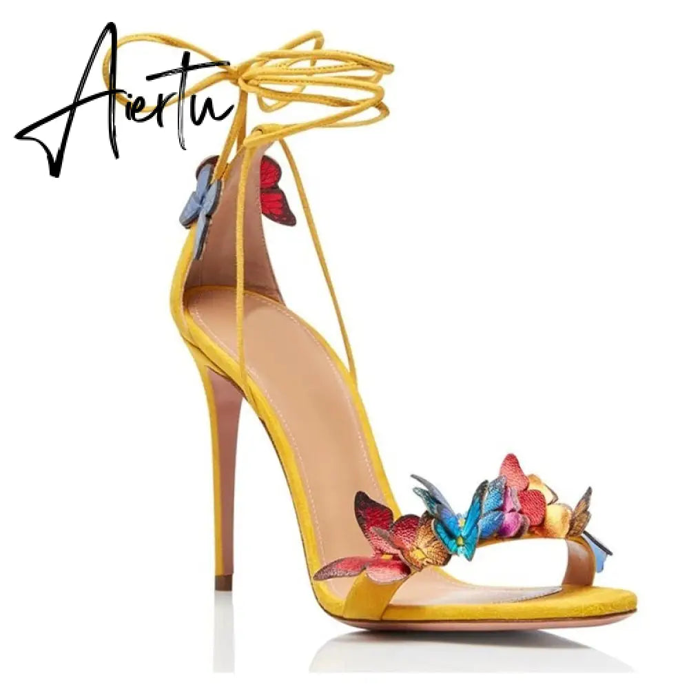 Aiertu Green Yellow Butterfly Sandals Back Lace Up Blue Red Thin High Heel Sandals New Summer Shoes For Women Stilettos Sandals Aiertu