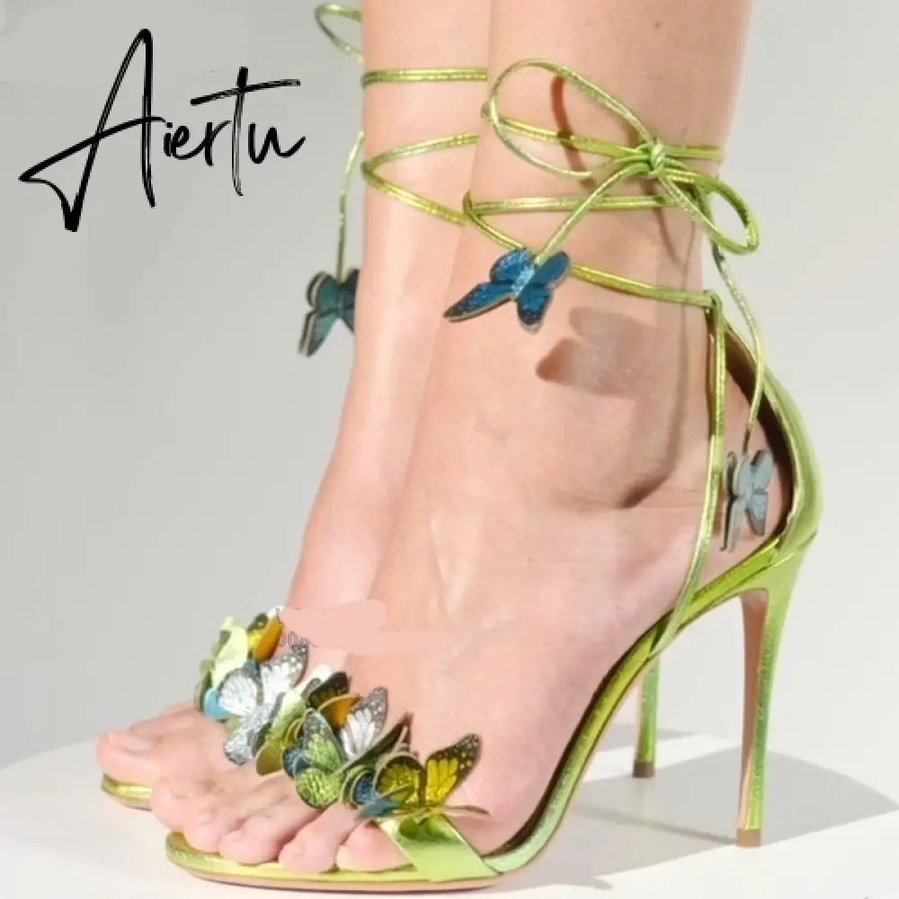 Aiertu Green Yellow Butterfly Sandals Back Lace Up Blue Red Thin High Heel Sandals New Summer Shoes For Women Stilettos Sandals Aiertu