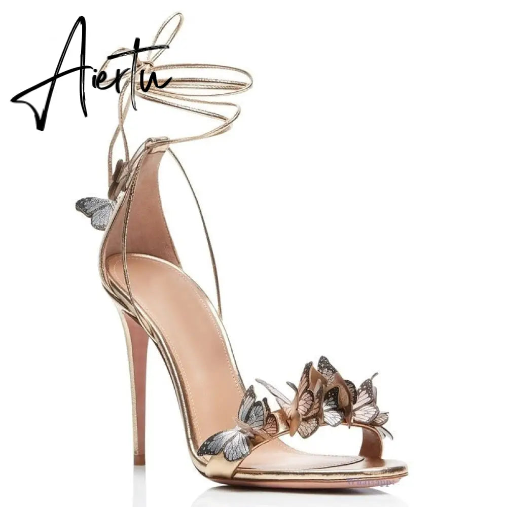 Aiertu Green Yellow Butterfly Sandals Back Lace Up Blue Red Thin High Heel Sandals New Summer Shoes For Women Stilettos Sandals Aiertu