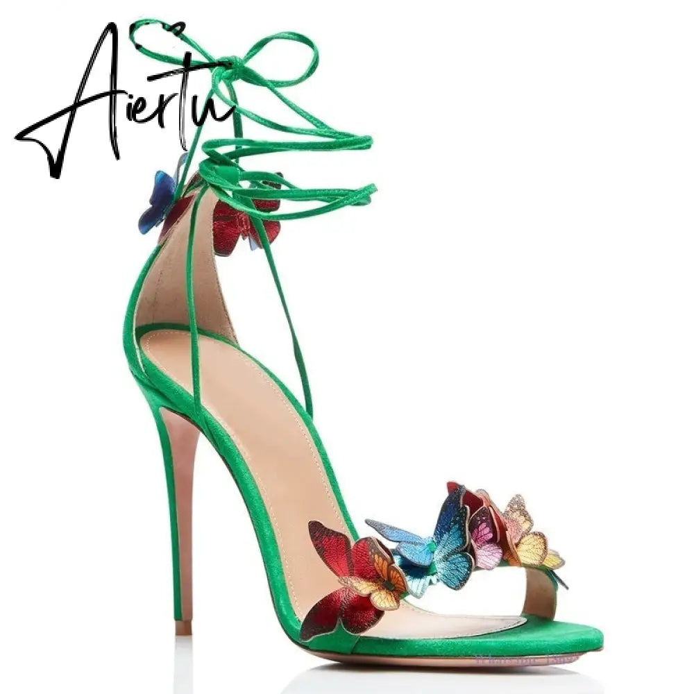 Aiertu Green Yellow Butterfly Sandals Back Lace Up Blue Red Thin High Heel Sandals New Summer Shoes For Women Stilettos Sandals Aiertu