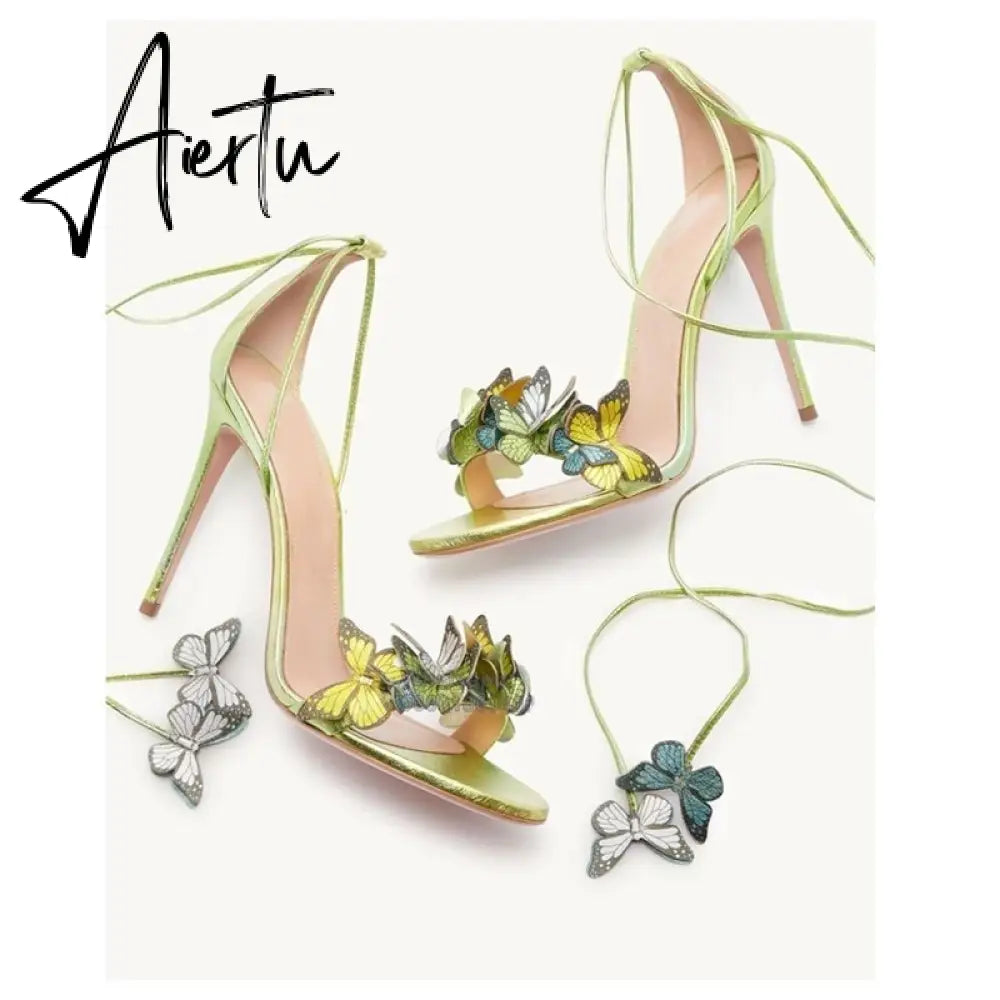Aiertu Green Yellow Butterfly Sandals Back Lace Up Blue Red Thin High Heel Sandals New Summer Shoes For Women Stilettos Sandals Aiertu