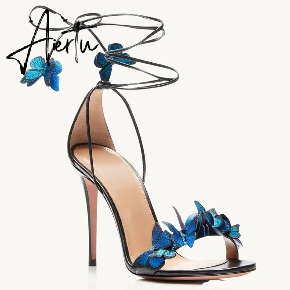 Aiertu Green Yellow Butterfly Sandals Back Lace Up Blue Red Thin High Heel Sandals New Summer Shoes For Women Stilettos Sandals Aiertu