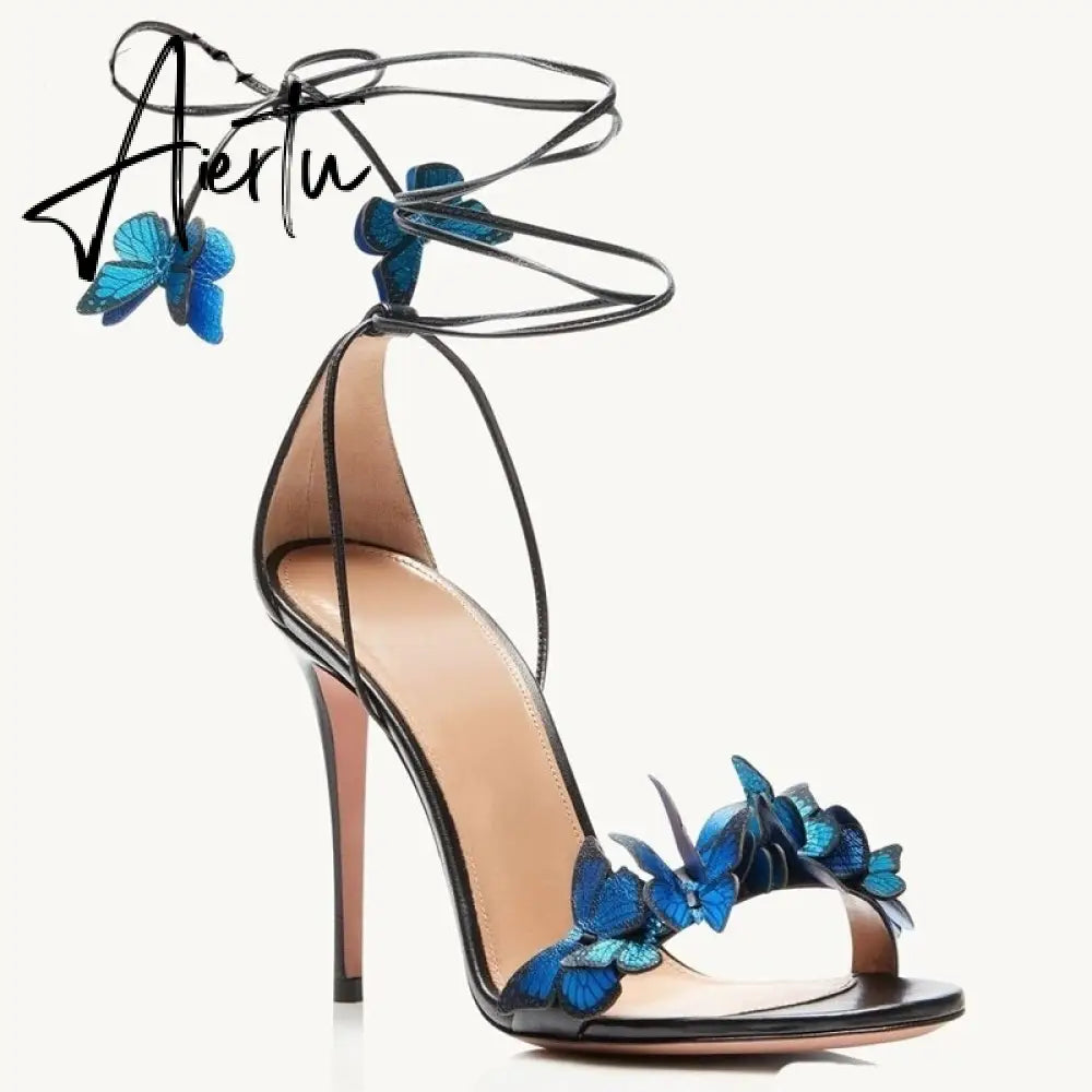 Aiertu Green Yellow Butterfly Sandals Back Lace Up Blue Red Thin High Heel Sandals New Summer Shoes For Women Stilettos Sandals Aiertu