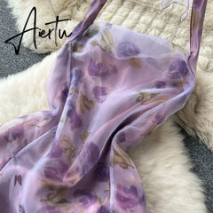 Aiertu  Halter Floral Print Long Dress Sleeveless Organza Bohemian Backless Sundress High Quality Lace Up Beach Dress Aiertu