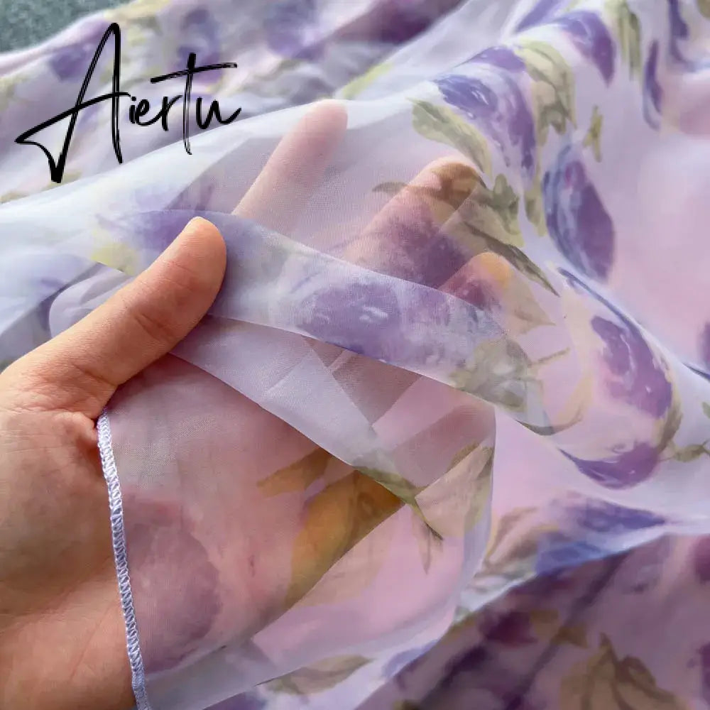 Aiertu  Halter Floral Print Long Dress Sleeveless Organza Bohemian Backless Sundress High Quality Lace Up Beach Dress Aiertu