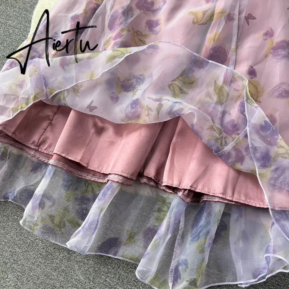 Aiertu  Halter Floral Print Long Dress Sleeveless Organza Bohemian Backless Sundress High Quality Lace Up Beach Dress Aiertu