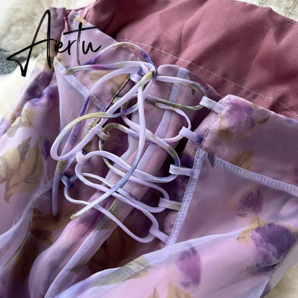 Aiertu  Halter Floral Print Long Dress Sleeveless Organza Bohemian Backless Sundress High Quality Lace Up Beach Dress Aiertu