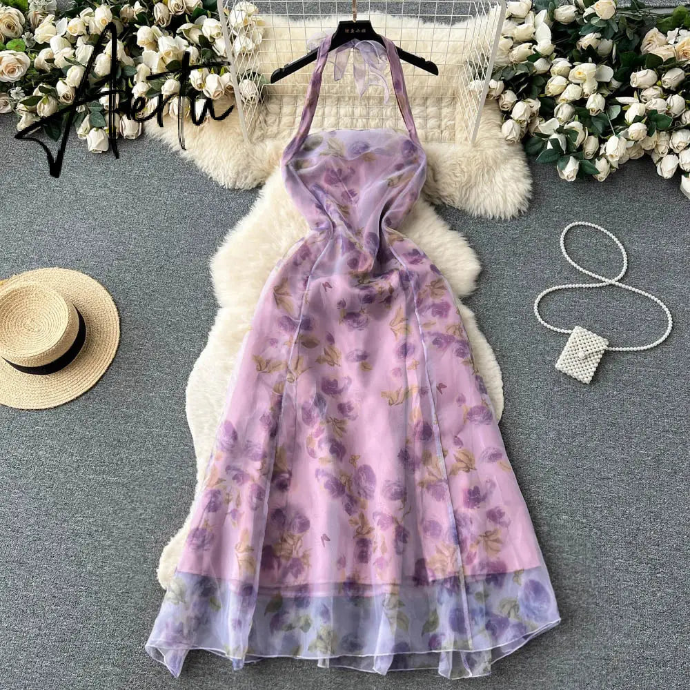 Aiertu  Halter Floral Print Long Dress Sleeveless Organza Bohemian Backless Sundress High Quality Lace Up Beach Dress Aiertu