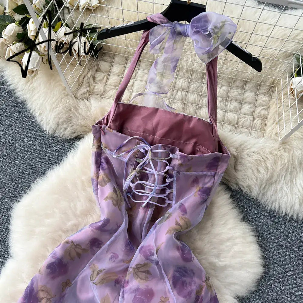 Aiertu  Halter Floral Print Long Dress Sleeveless Organza Bohemian Backless Sundress High Quality Lace Up Beach Dress Aiertu