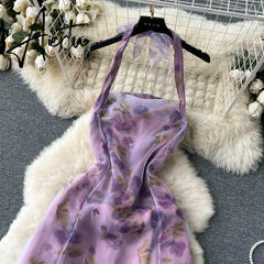 Aiertu  Halter Floral Print Long Dress Sleeveless Organza Bohemian Backless Sundress High Quality Lace Up Beach Dress Aiertu