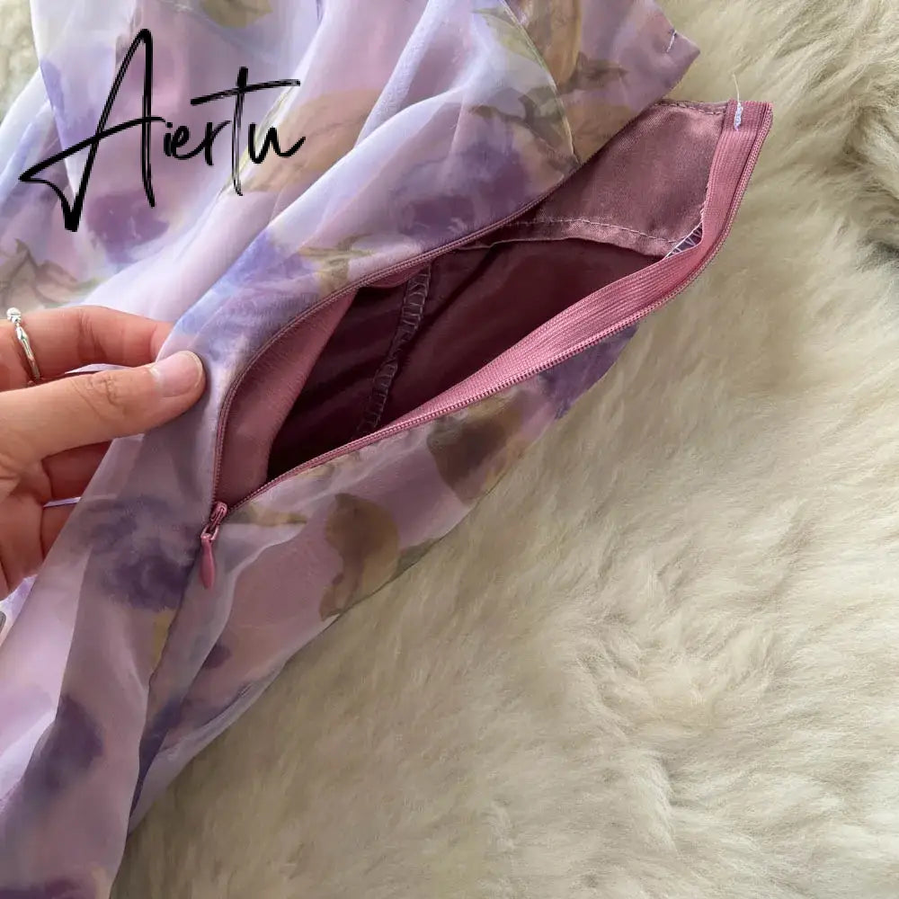 Aiertu  Halter Floral Print Long Dress Sleeveless Organza Bohemian Backless Sundress High Quality Lace Up Beach Dress Aiertu