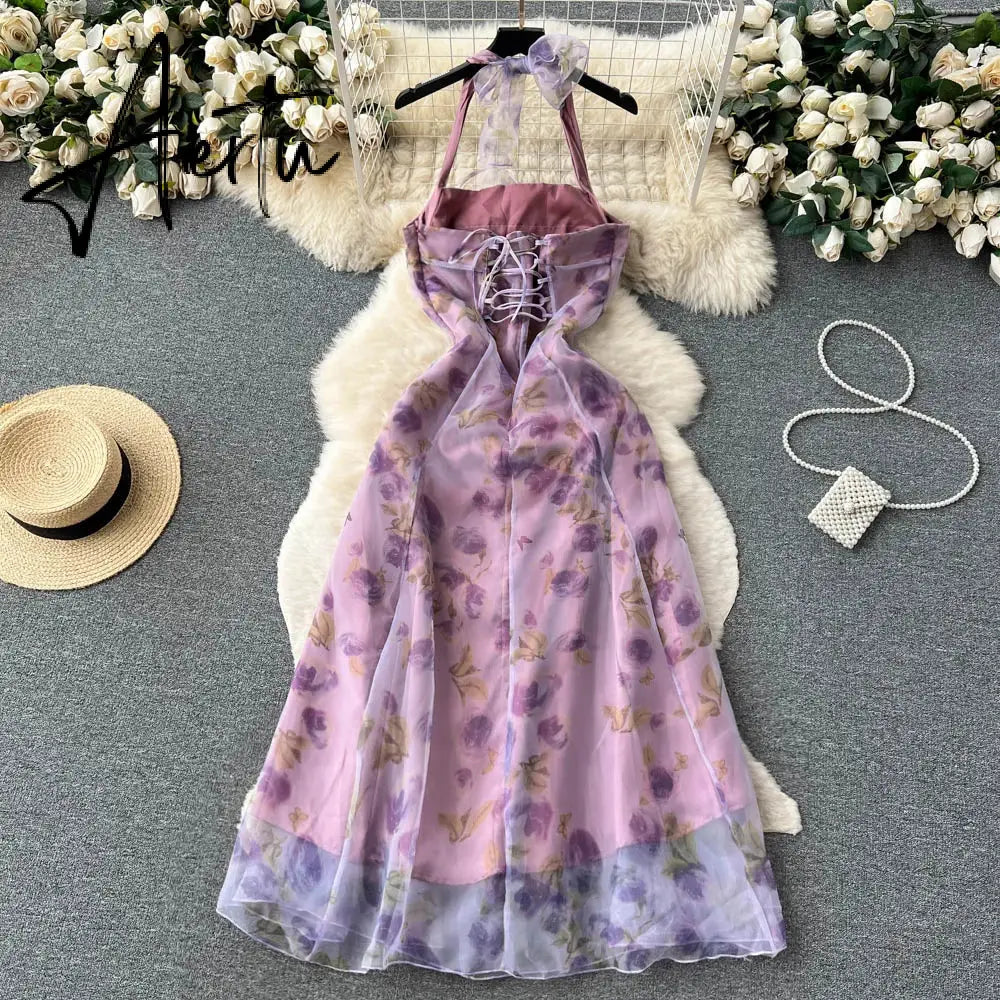 Aiertu  Halter Floral Print Long Dress Sleeveless Organza Bohemian Backless Sundress High Quality Lace Up Beach Dress Aiertu