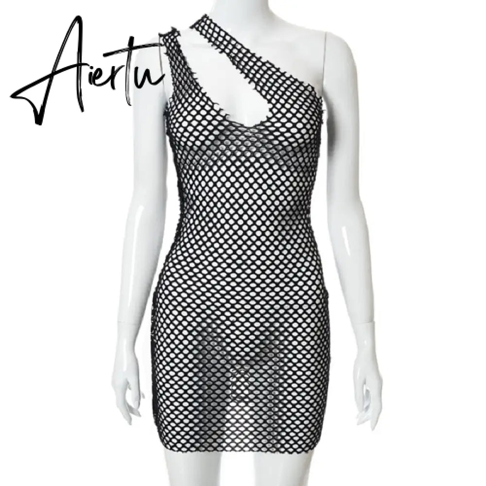 Aiertu Halter Singel Shoulder Cut Out Solid Skinny Sexy Mini Dress  Autumn Women Fashion Party Club Elegant Outfits Y2K Aiertu