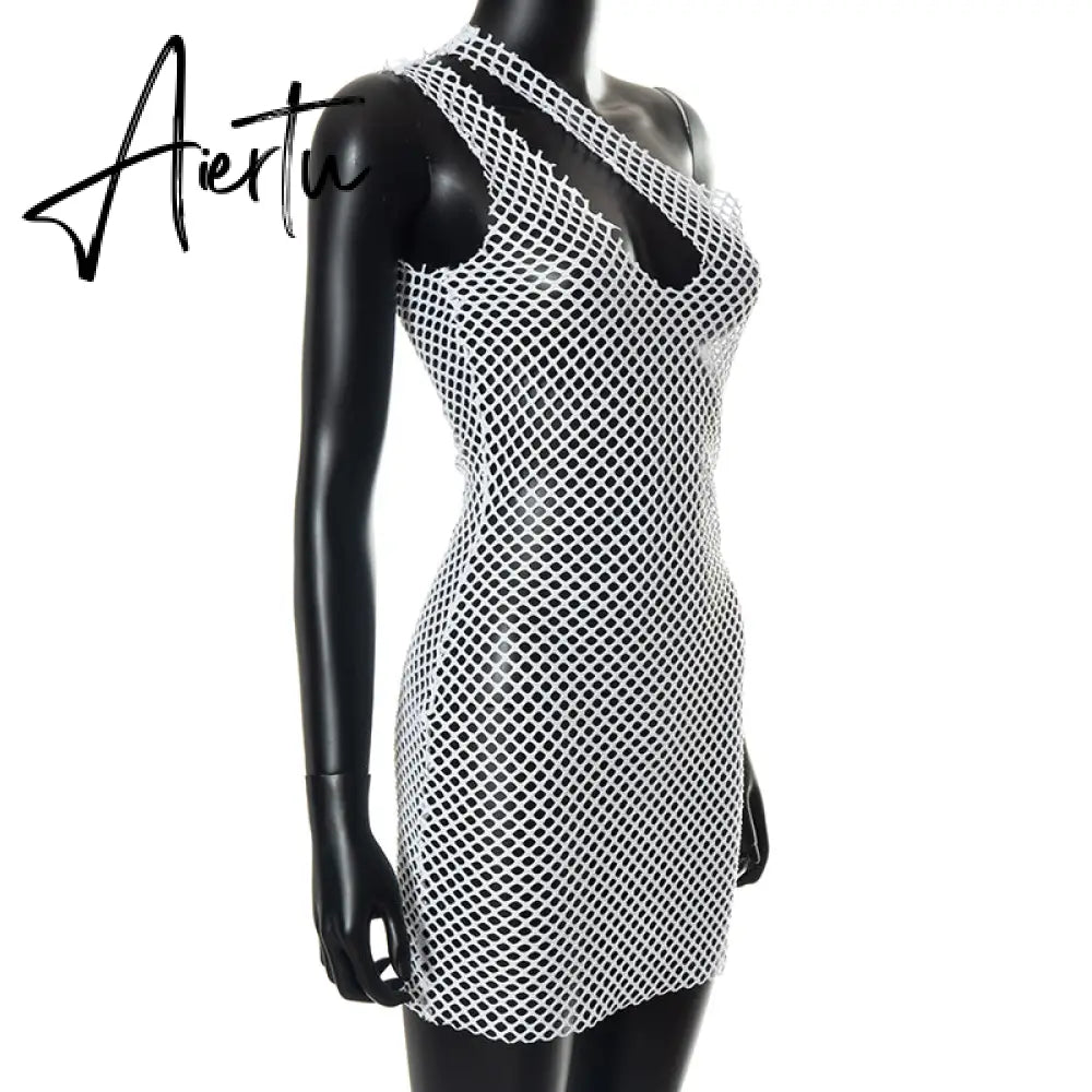 Aiertu Halter Singel Shoulder Cut Out Solid Skinny Sexy Mini Dress  Autumn Women Fashion Party Club Elegant Outfits Y2K Aiertu
