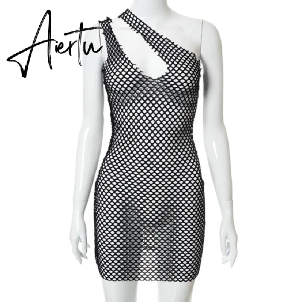 Aiertu Halter Singel Shoulder Cut Out Solid Skinny Sexy Mini Dress  Autumn Women Fashion Party Club Elegant Outfits Y2K Aiertu