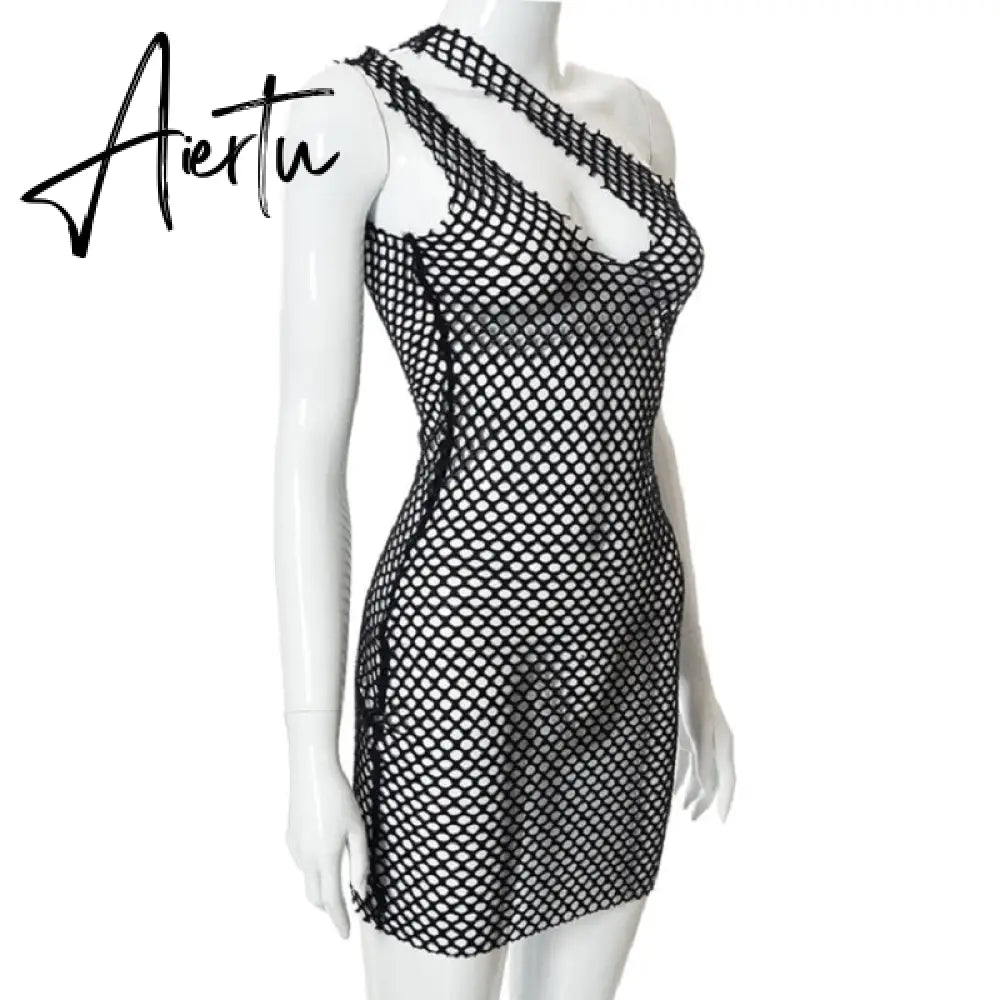 Aiertu Halter Singel Shoulder Cut Out Solid Skinny Sexy Mini Dress  Autumn Women Fashion Party Club Elegant Outfits Y2K Aiertu