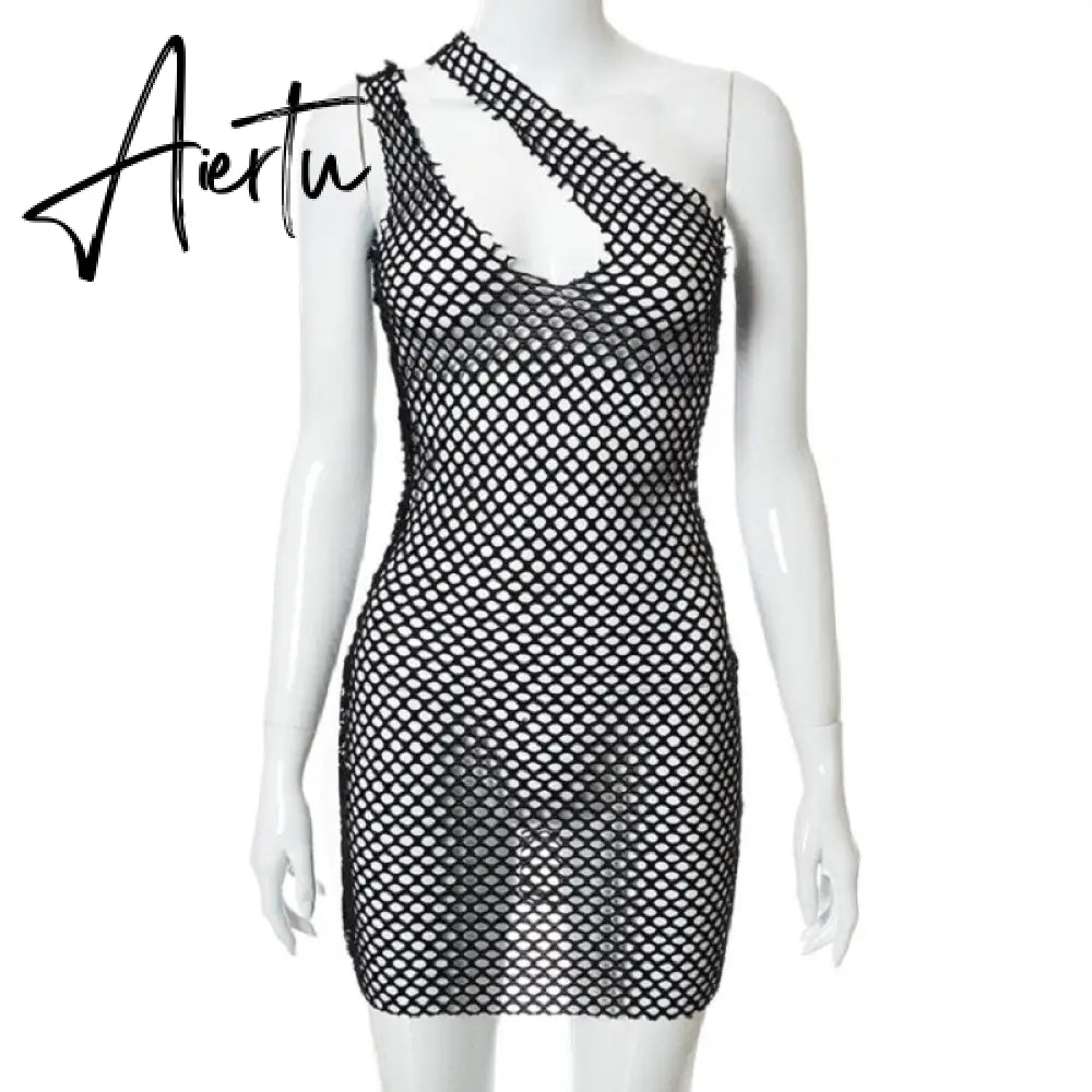 Aiertu Halter Singel Shoulder Cut Out Solid Skinny Sexy Mini Dress  Autumn Women Fashion Party Club Elegant Outfits Y2K Aiertu