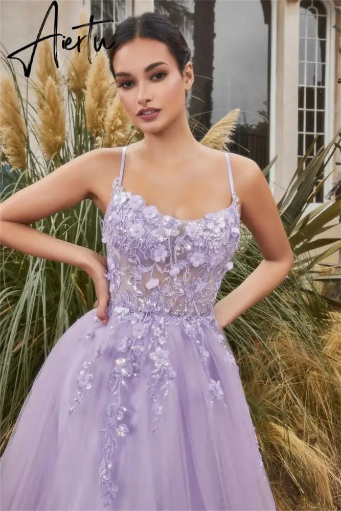 Aiertu Handmade 3D Flower Party Dress Spaghetti Strap A-line Evening Dresses Corset Princess Tulle Prom Dress Aiertu