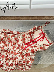 Aiertu Harajuku Design Spaghetti Strap Dress Sleeveless Elegant Patchwork Sexy Red Bow Floral Dress Women Fairy Dress Sweet Romantic Aiertu