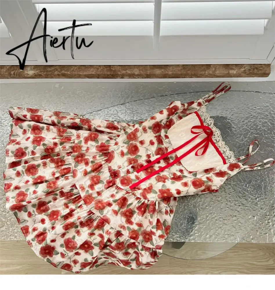 Aiertu Harajuku Design Spaghetti Strap Dress Sleeveless Elegant Patchwork Sexy Red Bow Floral Dress Women Fairy Dress Sweet Romantic Aiertu
