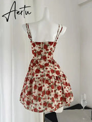 Aiertu Harajuku Design Spaghetti Strap Dress Sleeveless Elegant Patchwork Sexy Red Bow Floral Dress Women Fairy Dress Sweet Romantic Aiertu