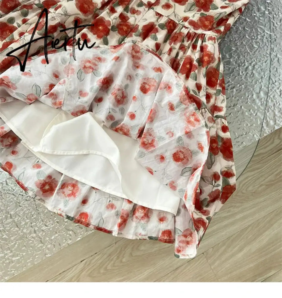 Aiertu Harajuku Design Spaghetti Strap Dress Sleeveless Elegant Patchwork Sexy Red Bow Floral Dress Women Fairy Dress Sweet Romantic Aiertu