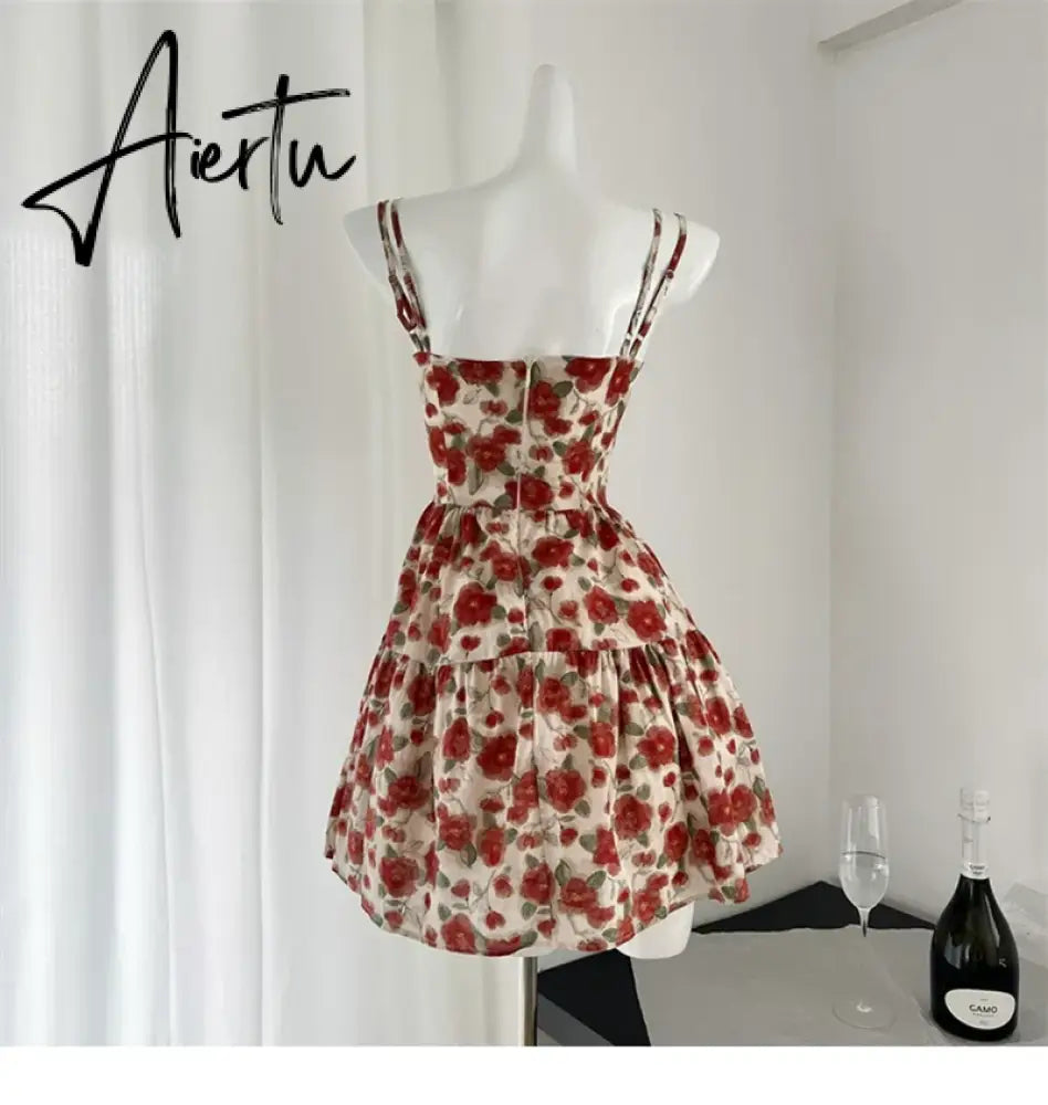 Aiertu Harajuku Design Spaghetti Strap Dress Sleeveless Elegant Patchwork Sexy Red Bow Floral Dress Women Fairy Dress Sweet Romantic Aiertu