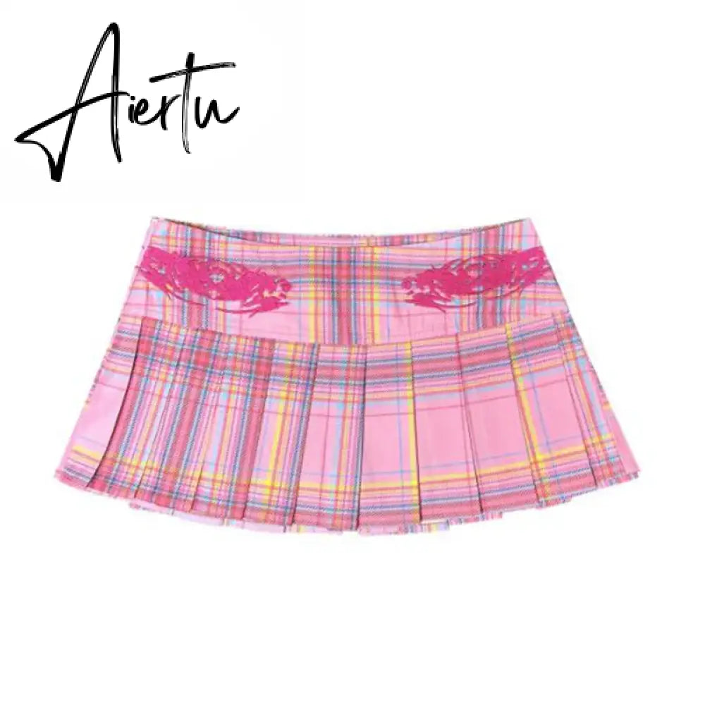 Aiertu Harajuku Kawaii Pink Plaid Skirts Preppy Style Girls Sexy JK Pleated Mini Skirts With Shorts Y2k Kawaii Women Skirts Aiertu