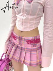 Aiertu Harajuku Kawaii Pink Plaid Skirts Preppy Style Girls Sexy JK Pleated Mini Skirts With Shorts Y2k Kawaii Women Skirts Aiertu