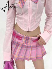 Aiertu Harajuku Kawaii Pink Plaid Skirts Preppy Style Girls Sexy JK Pleated Mini Skirts With Shorts Y2k Kawaii Women Skirts Aiertu