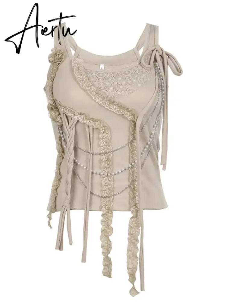 Aiertu Harajuku Personality Y2k Aesthetic Tanks Fashion Pearl Chain Tassel Lace Cropped Top Women Japanese Streetwear Solid Camisoles Aiertu