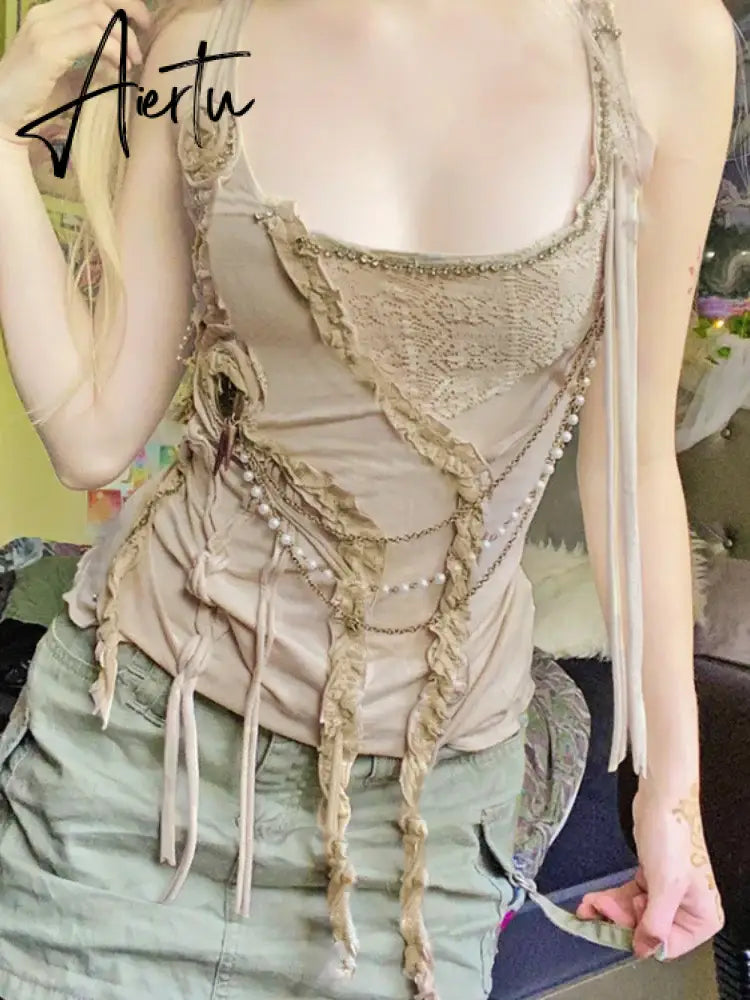 Aiertu Harajuku Personality Y2k Aesthetic Tanks Fashion Pearl Chain Tassel Lace Cropped Top Women Japanese Streetwear Solid Camisoles Aiertu