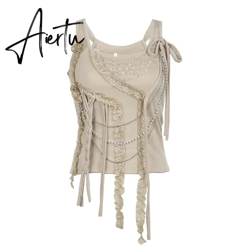 Aiertu Harajuku Personality Y2k Aesthetic Tanks Fashion Pearl Chain Tassel Lace Cropped Top Women Japanese Streetwear Solid Camisoles Aiertu