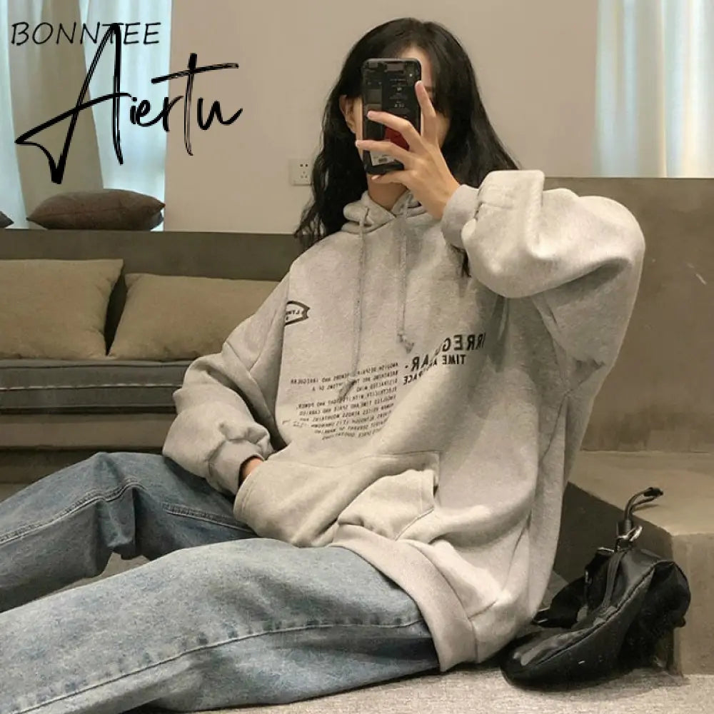 Aiertu Harajuku Sweatshirt Women Chic Street Style Simple Letter Hooded Fall Thicker Teen Hoodies All-match Leisure Retro Lady Clothing Aiertu