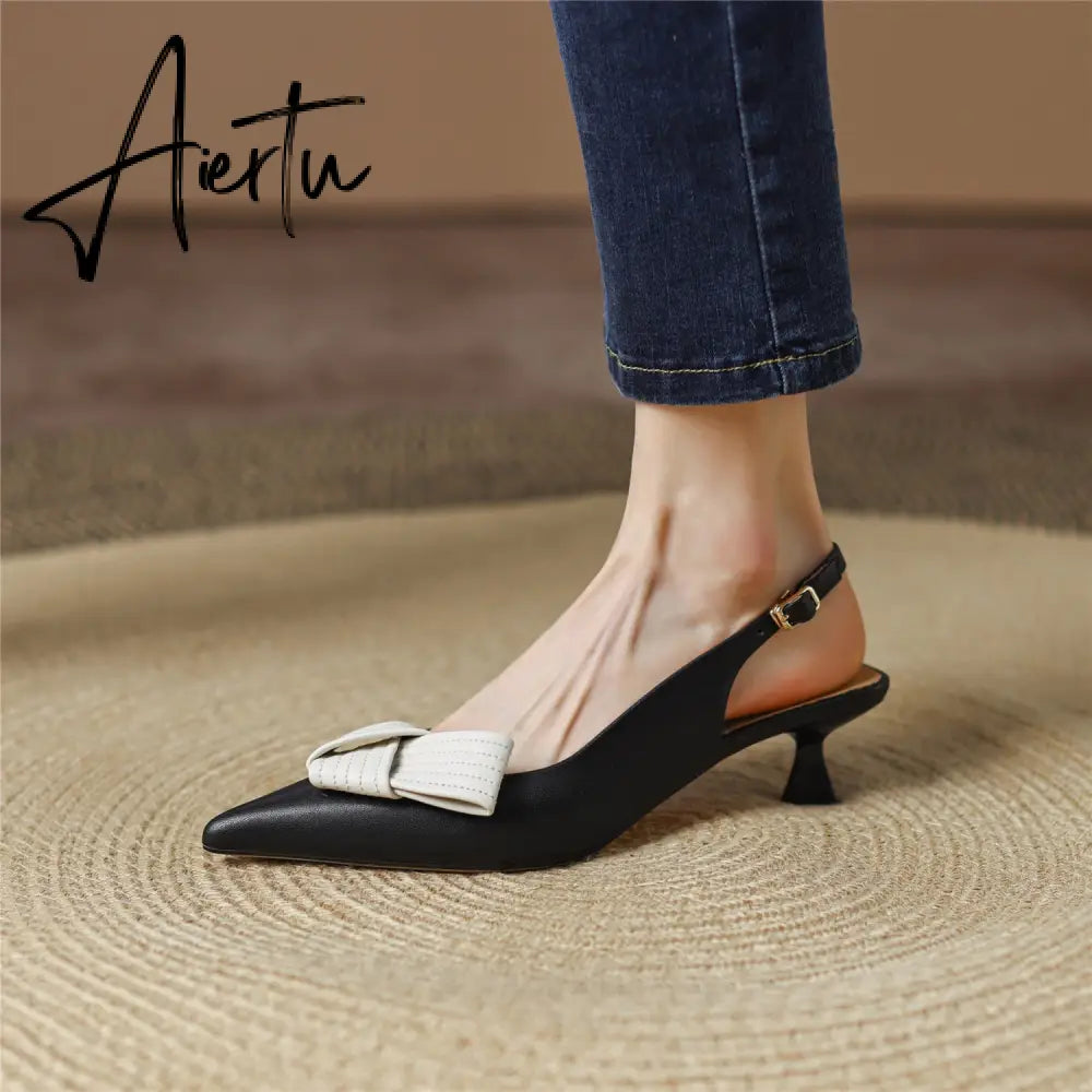 Aiertu  Heel Sandal for Women Summer Genuine Leather Slingback Elegent Thin Mid Heel Pointed Buckle Butterfly Decor Woman Shoe 42 Aiertu
