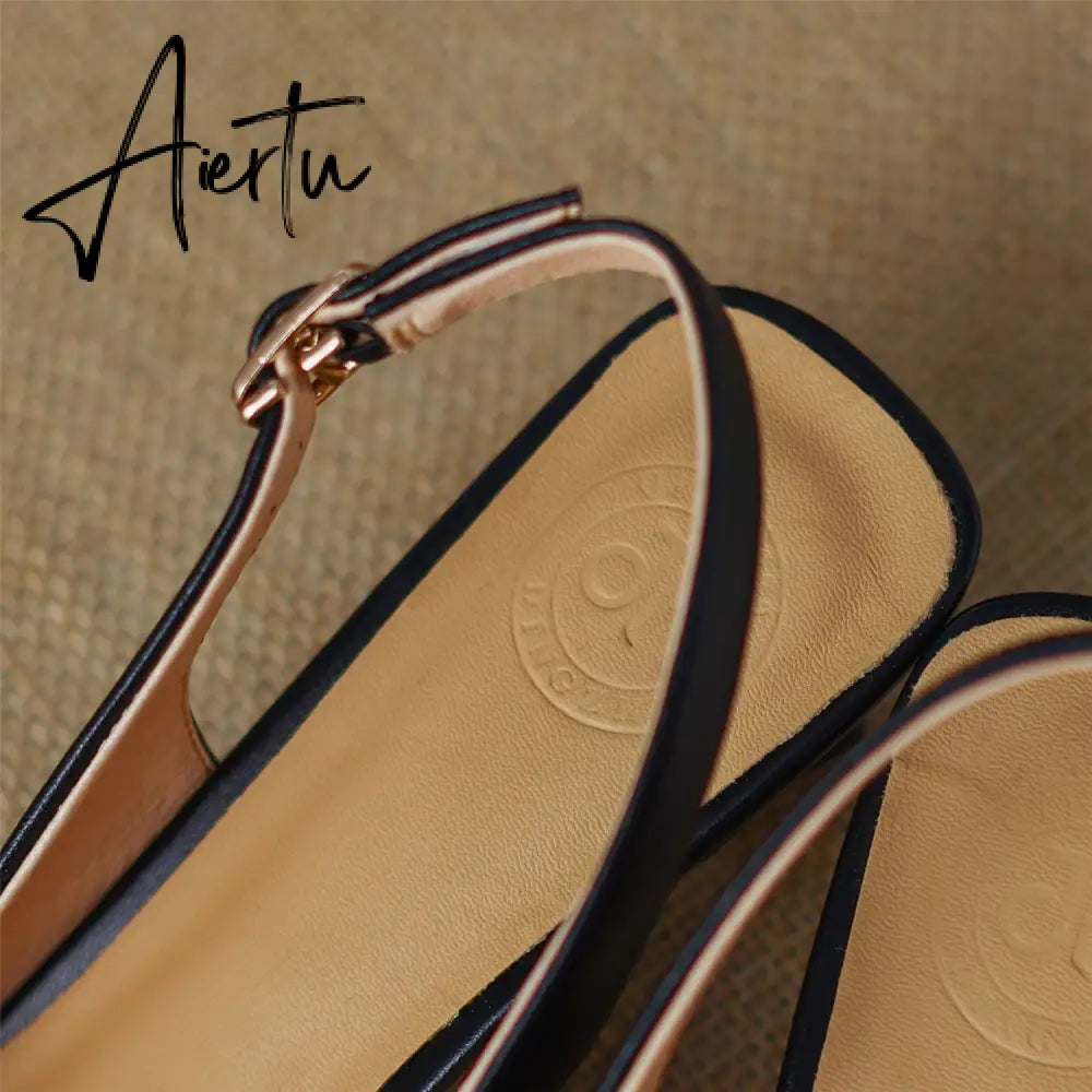 Aiertu  Heel Sandal for Women Summer Genuine Leather Slingback Elegent Thin Mid Heel Pointed Buckle Butterfly Decor Woman Shoe 42 Aiertu