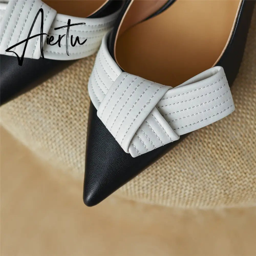 Aiertu  Heel Sandal for Women Summer Genuine Leather Slingback Elegent Thin Mid Heel Pointed Buckle Butterfly Decor Woman Shoe 42 Aiertu
