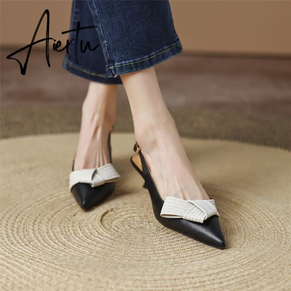 Aiertu  Heel Sandal for Women Summer Genuine Leather Slingback Elegent Thin Mid Heel Pointed Buckle Butterfly Decor Woman Shoe 42 Aiertu